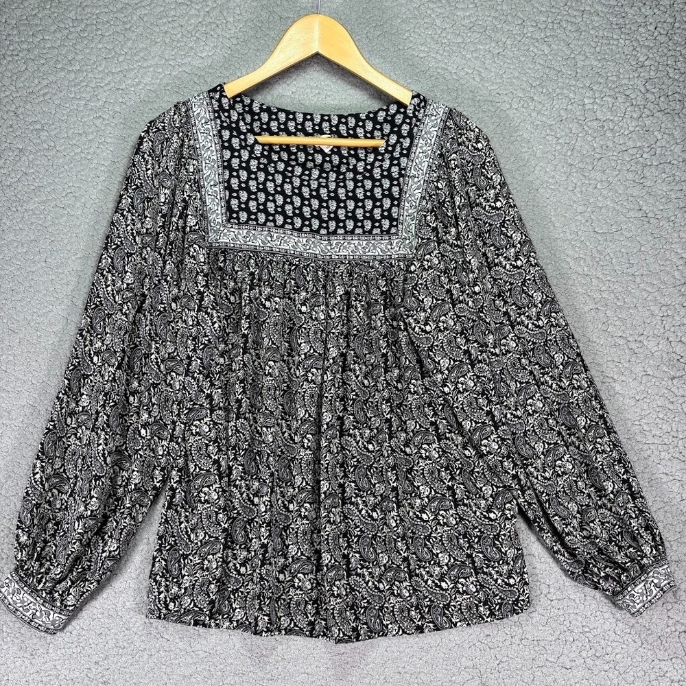 Gap Paisley Blouse Womens XS Black White Long Sleeve Square Neck Yoke Boho Flowy